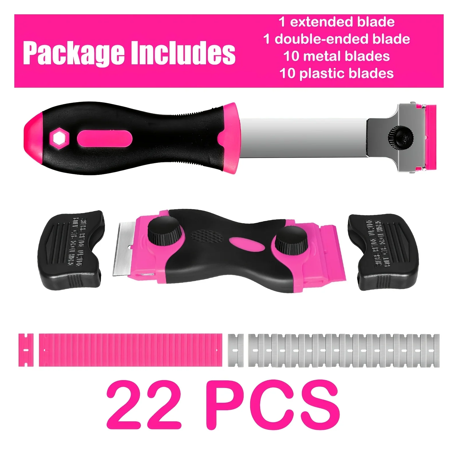 22PCS Pink Scraper Tool Kit Metal & Plastic Razor Blades Scraper Glue Sticker Label Paint Remover Car Window Tint Stove Househol