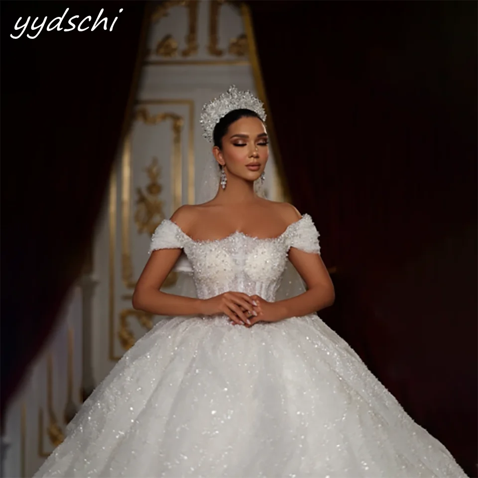

Luxury Sparkly Beaded Sequin Sweetheart Off The Shoulder Ball Gown Wedding Dresses 2025 Court Train Tulle Bridal Gowns For Women