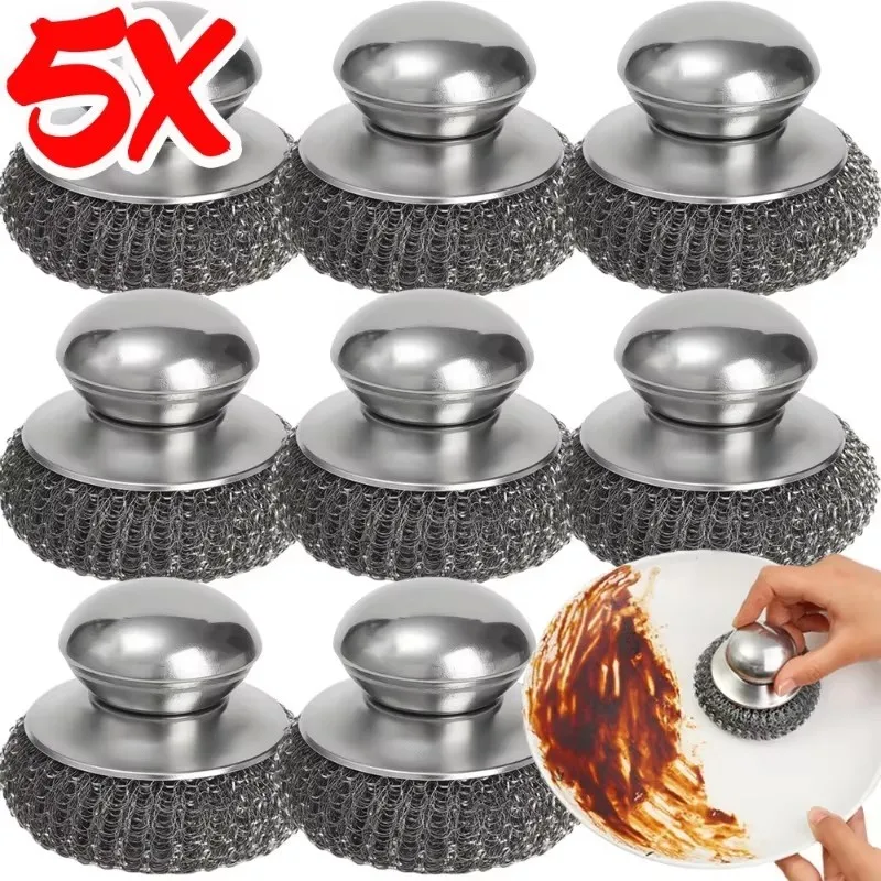 Short Handle Pot bowl Brush Stainless Steel Dishwashing Brush Household Rust Removal Cleaning Tools Kitchen Utensils Scrubber