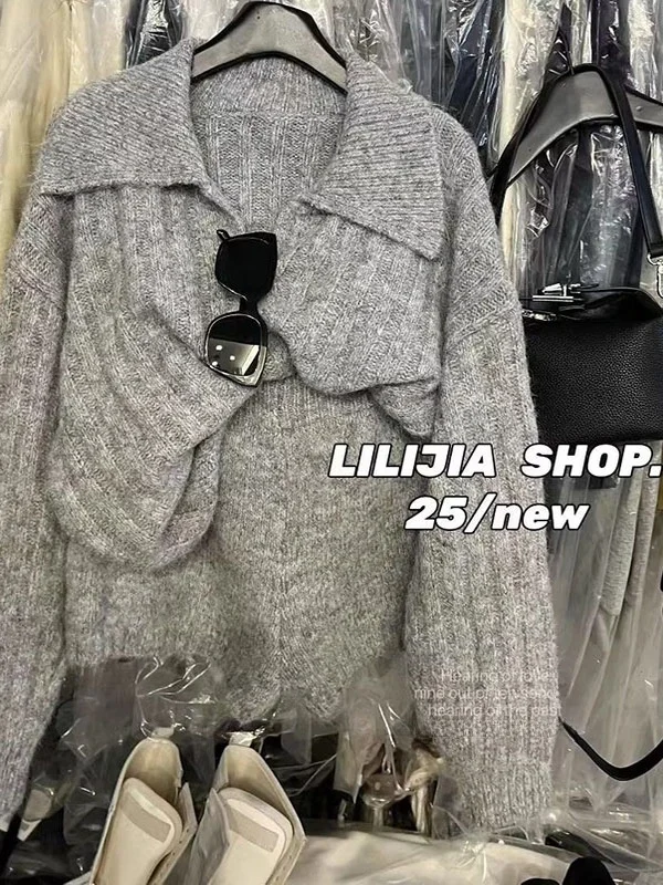 

Свободный вязаный кардиган и комплект orts для женщин, осенне-зимний комплект с откидным воротником, большие размеры, модный комплект, корейская теплая повседневная одежда