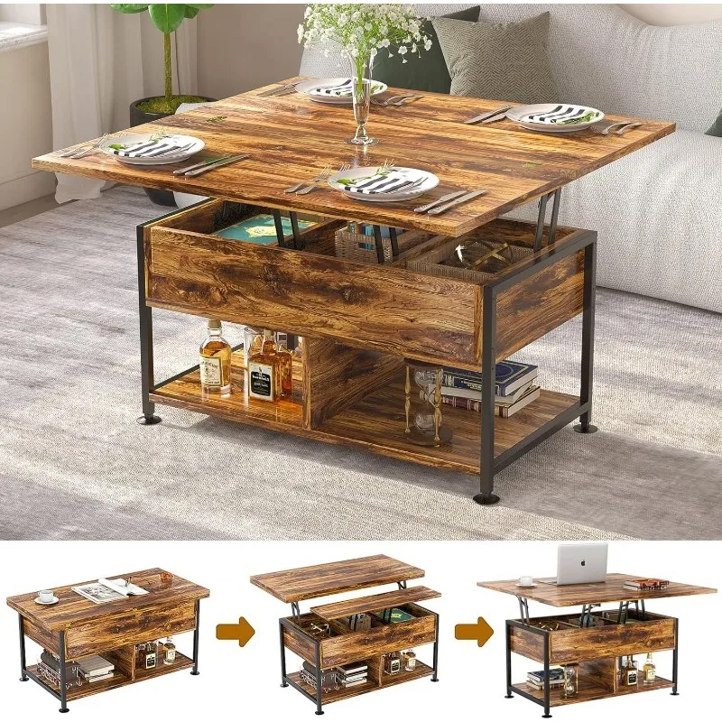 Table basse moderne multifonctionnelle avec compartiment GNE, table à manger avec élévateur, 4 en 1