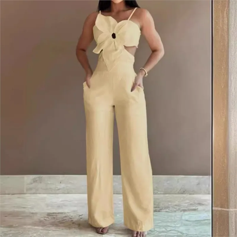 

Summer Spaghetti Strap Fashion Jumpsuit New Women Floral Pattern Shirred Hollow Out Casual Asymmetricsal Neck Backless Jumpsuits