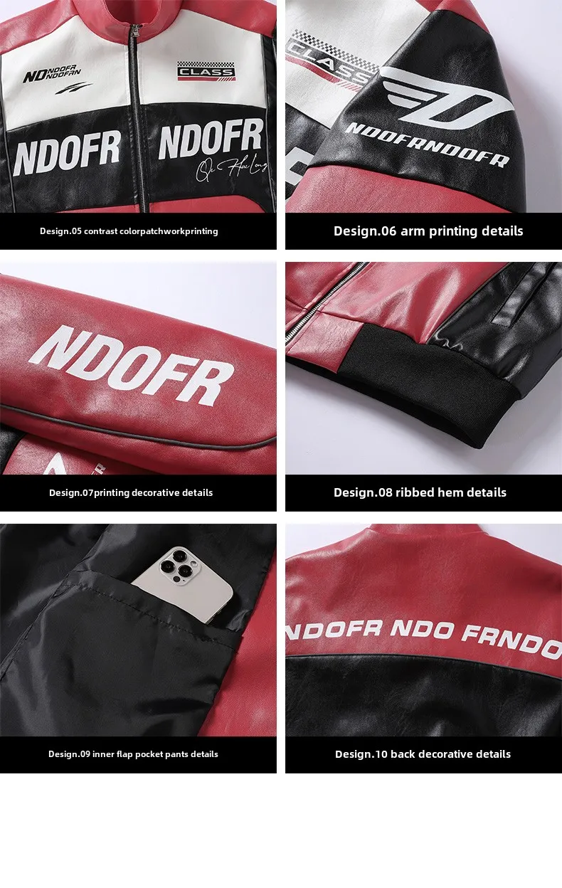 Men's Leather Clothing Autumn Winter New Color Block Trend Alphabet Print Outdoor Travel Stand Collar Coat Men PU Leather Jacket - Image 5