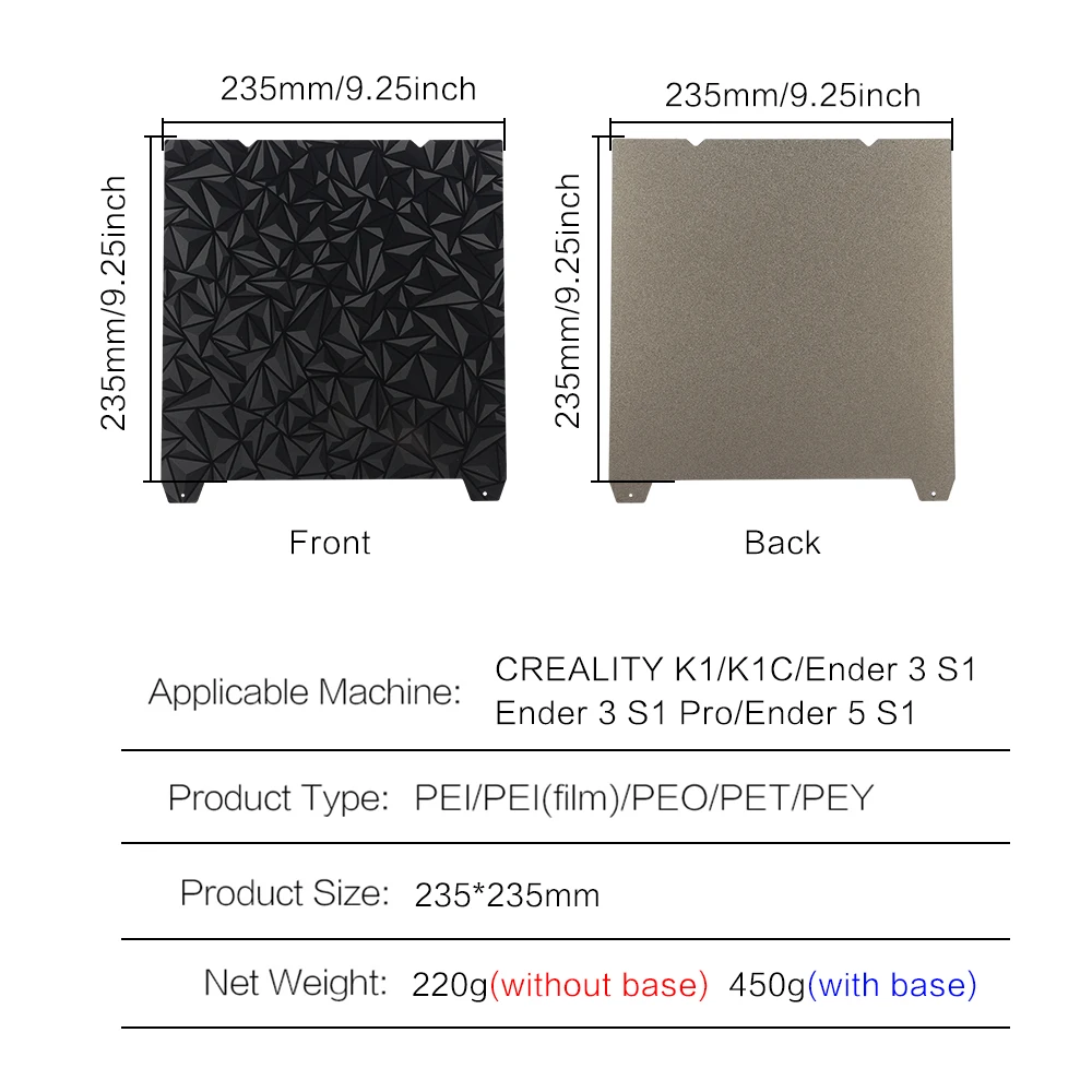 For Creality  K1C K1 Max Ender 3 S1 Build Plate Texture Pei Sheet Spring Steel  235x235/310x315mm Smooth PEO PET PEY Heated Bed