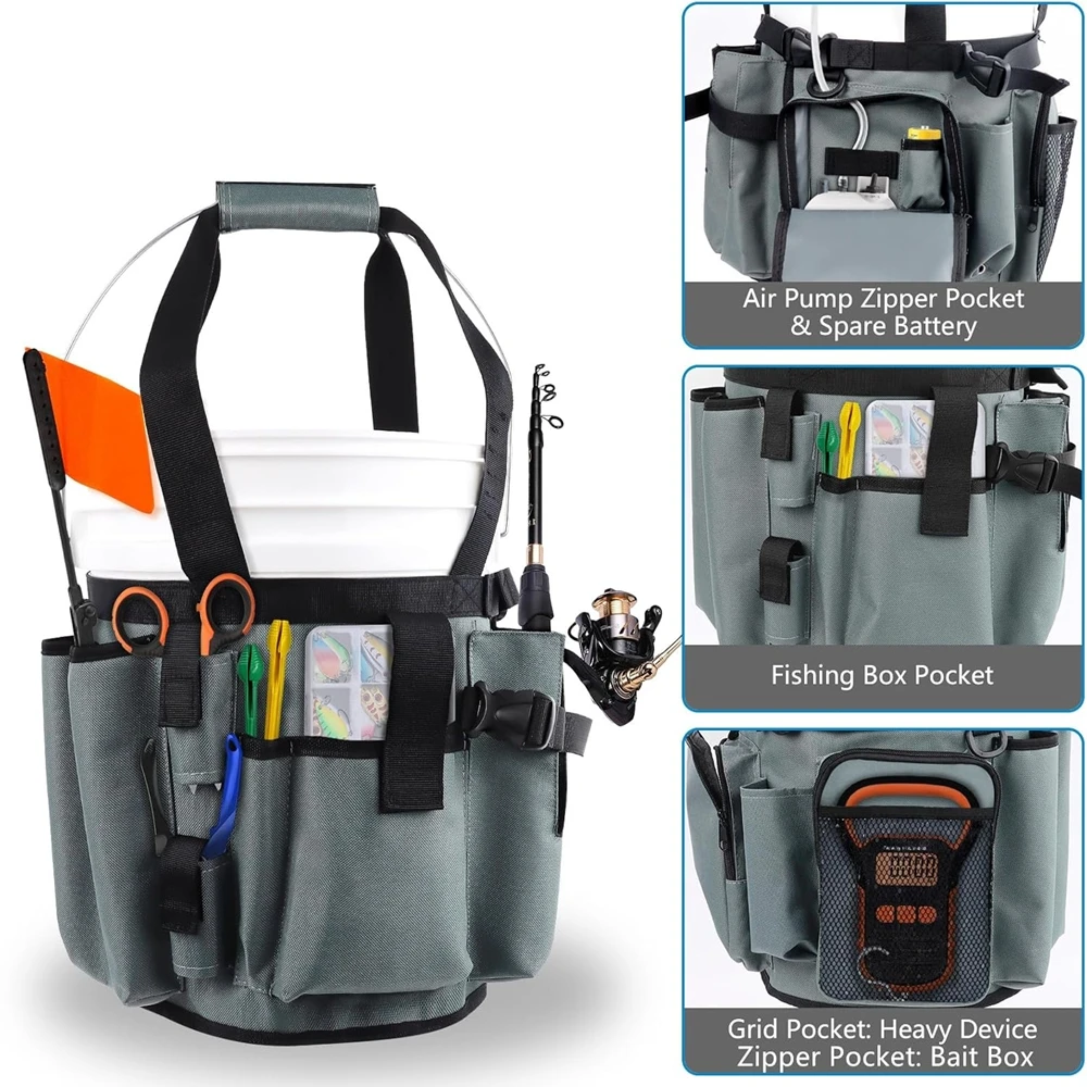 Ice Fishing Adjustable Bucket Caddy Tackle Bag With Multi-Pocket Rod Pliers Holder For 5 Gallon Bucket Fishing Tool Storage Gear