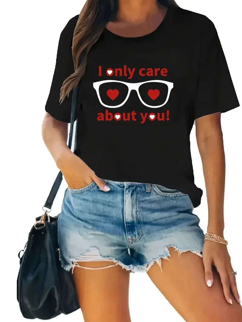 Sunglass frame red heart letter sweet women's T-shirt 2024 summer casual versatile commuting new short sleeved