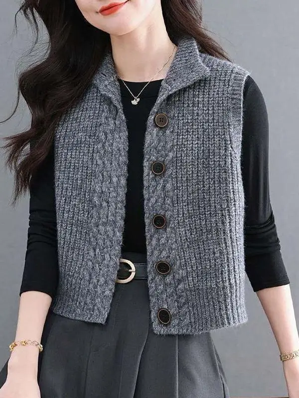 Chic Soft Knitted Vest Cardigan Women's Spring Autumn Commute Style Single Button Pure Color Sweater Vest Trendy Lady Fashion