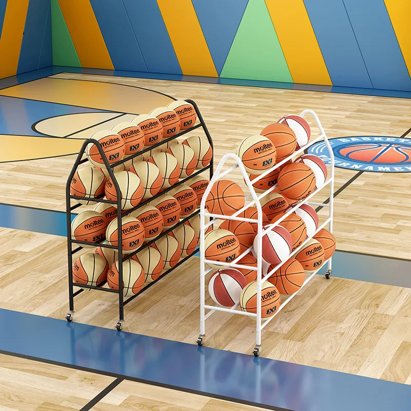 Custom, Moderne Sportuitrusting Metalen Volleybal Stand Rack Multi Layer Basketbal Opbergrek Met Wiel