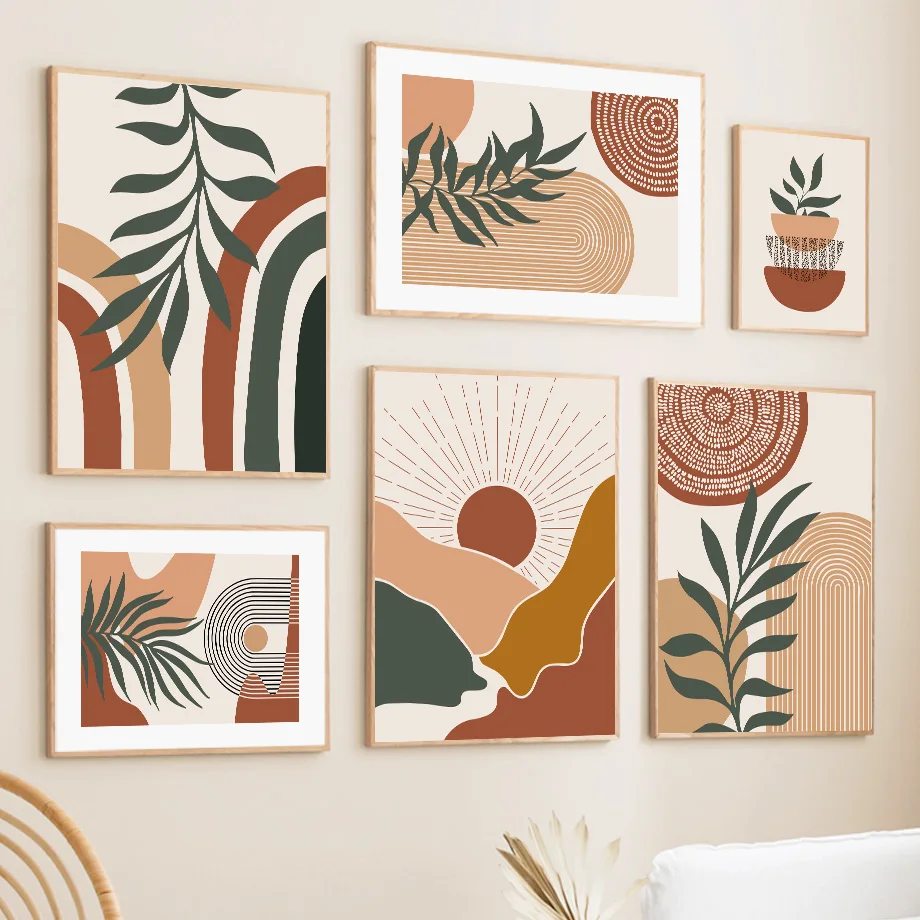 (No frame)1 pieza de arte de pared sin marco con diseño de hojas, sol y arcoíris, estilo abstracto bohemio, lienzo para galer