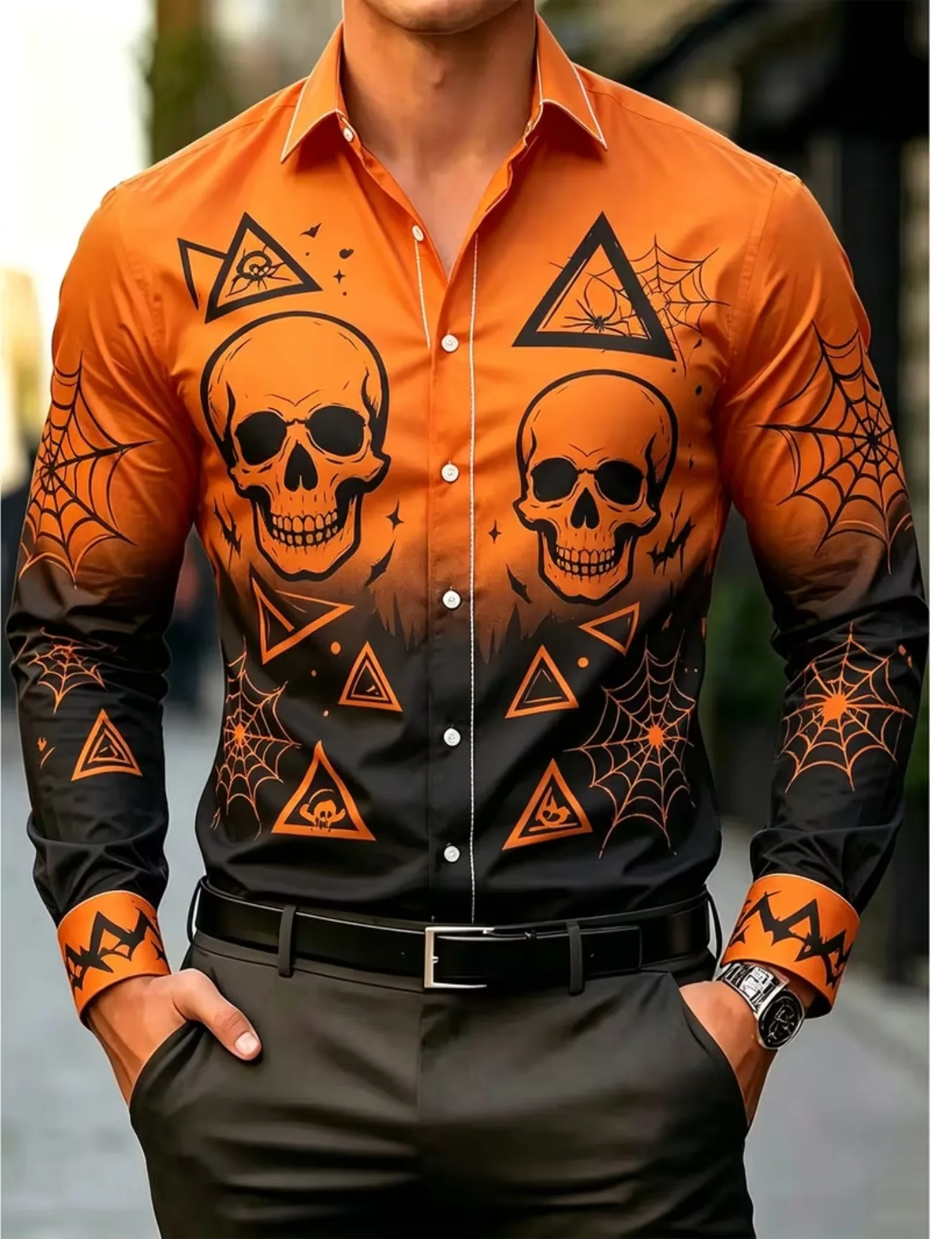 Men Long Sleeve Button Down Shirt Orange Black Skull Spider Web Triangle Print Polyester Lapel Collar Halloween Party