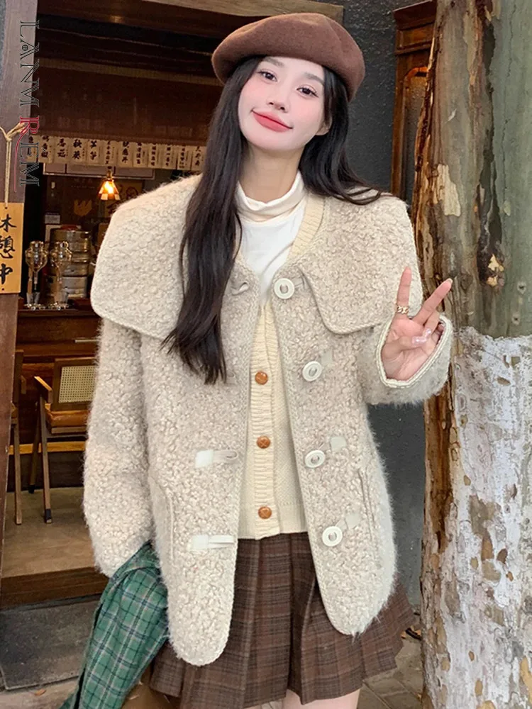 LANMREM Winter Fashion Warm Women's Jackets Lapel Spliced Pockets Single Breasted Coat Korean Style 2024 New Clothing 2VV291