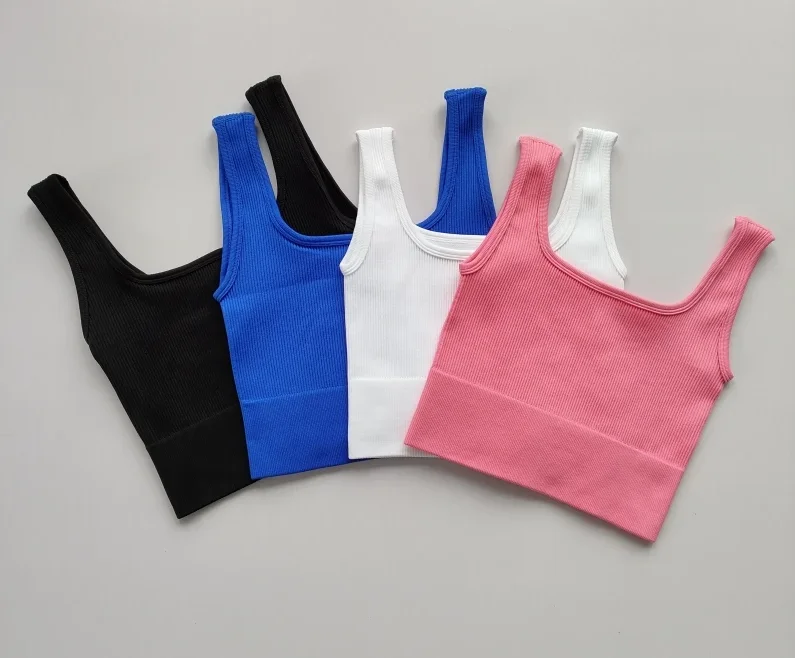 Women Yoga Vest Gym Sports Crop Tops Seamless Sleeveless Rib-Knit Fitness Running Vest Short Ves Without Pad Gym Yoga Top Female