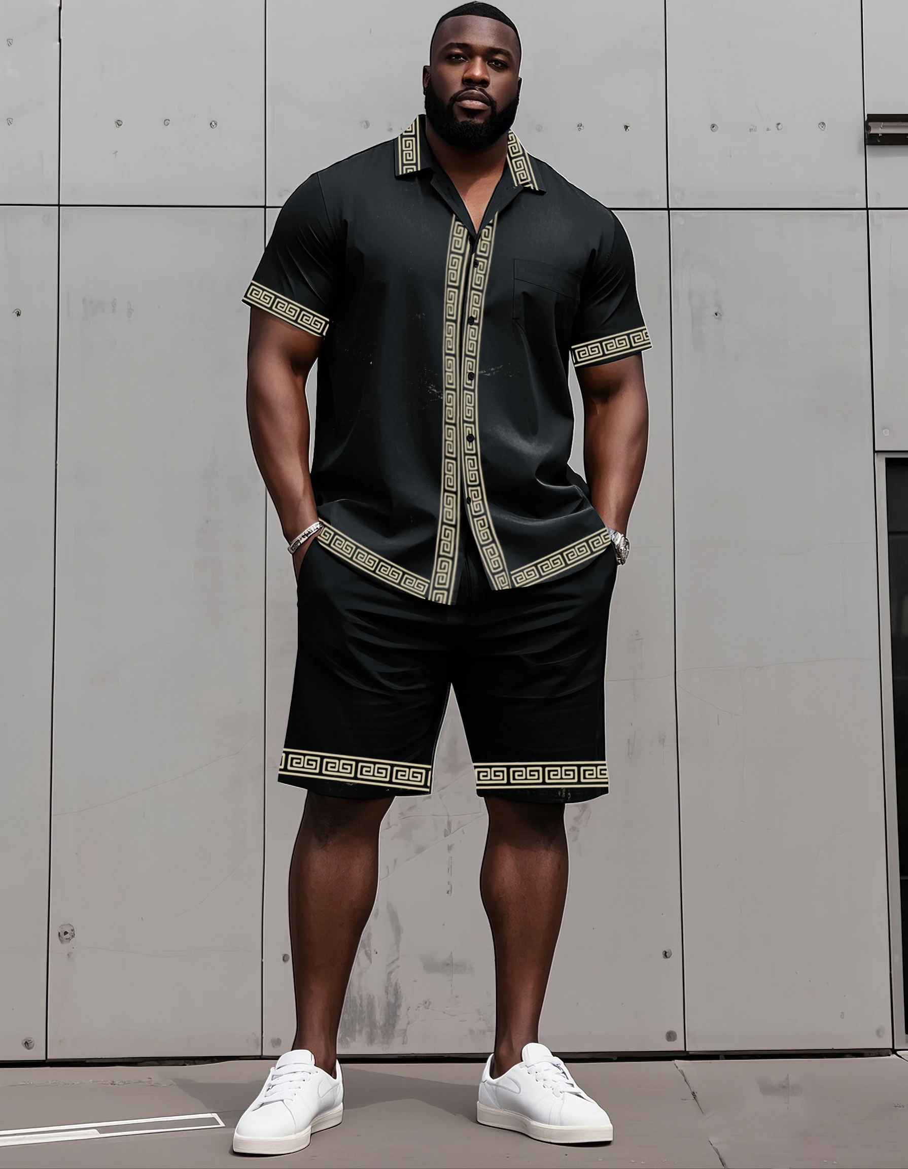 S-9XL Übergrößen Herren Sommer Griechisches Schlüsselmuster Geometrischer Druck Oversized Hemd-Shorts-Set Multi-Design Lässiges 2-Teiliges Outfit