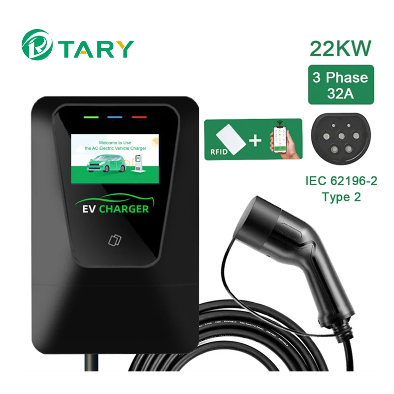 Carregador de carregamento duplo AC EV com RFID, tela tipo 2, carregador de parede EV, 22kW