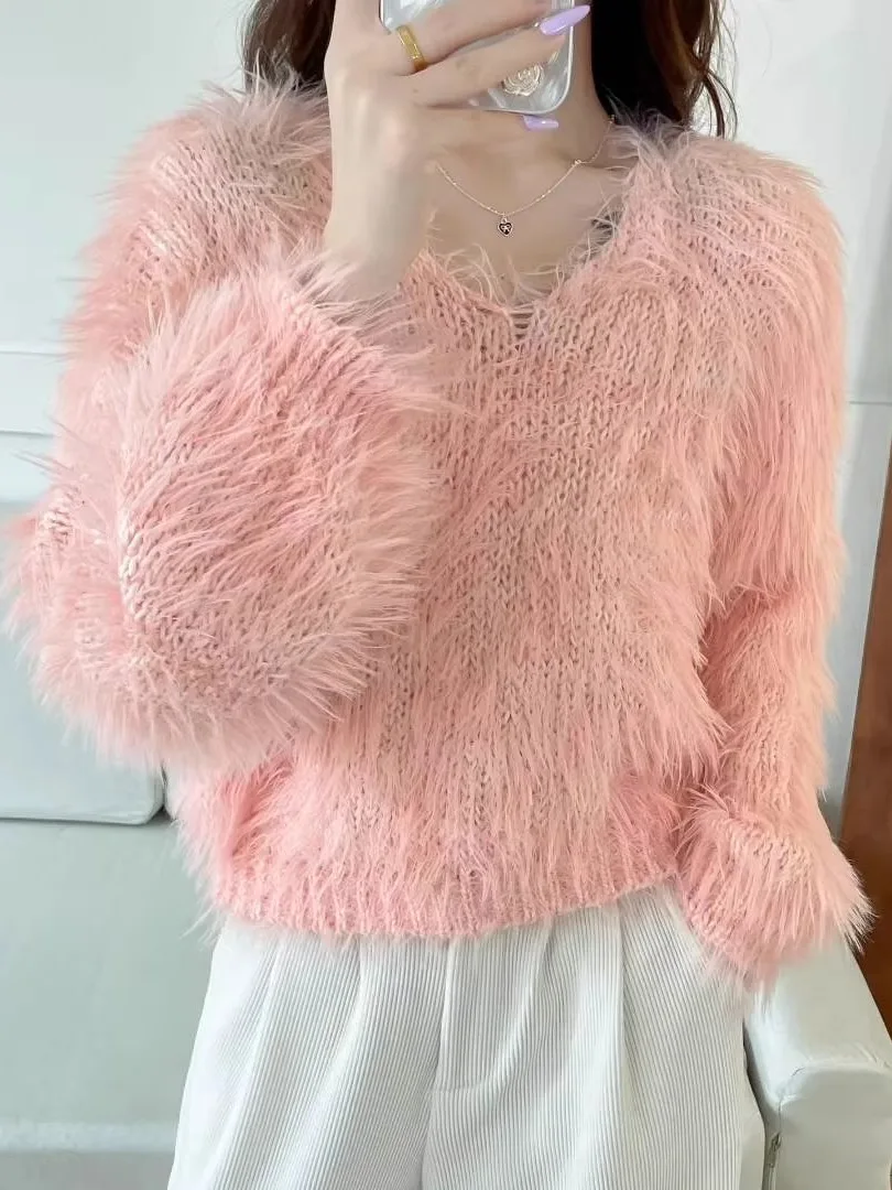 เสื้อสเวตเตอร์ถักคอวีลำลองสำหรับผู้หญิง ขนเทียมนุ่ม อุ่นสบาย สำหรับฤดูใบไม้ร่วงและฤดูหนาว แฟชั่นใหม่ วัสดุคุณภาพสูง