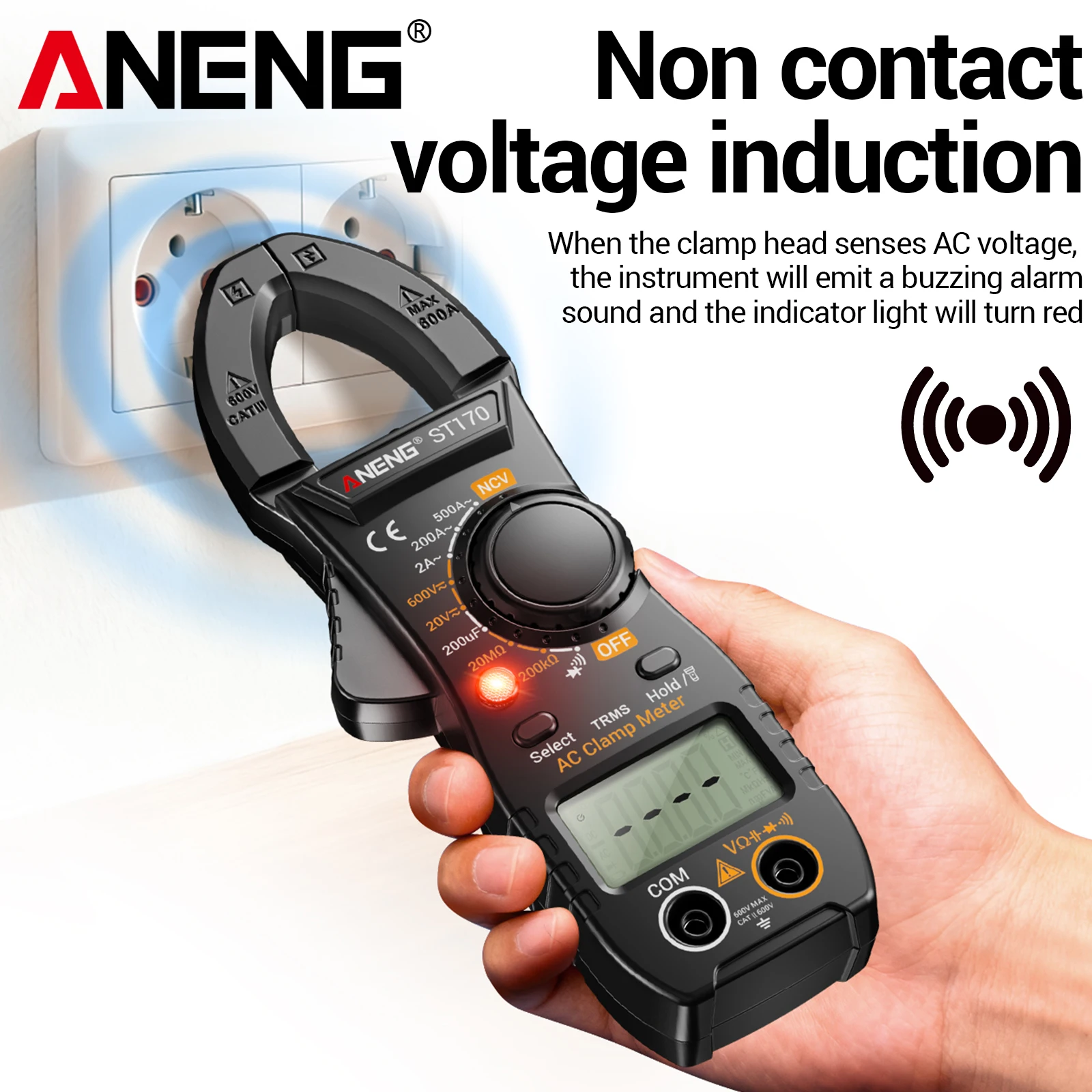 ANENG ST170 Digital Clamp Meter 600V AC DC Volt Capacitance Resistance Diode Data Hold Flashlight Auto Off Household Electrician