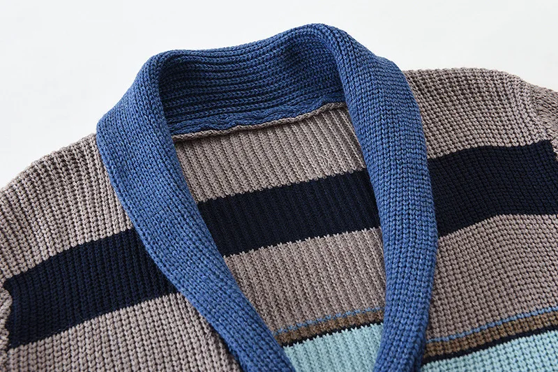 Herren Schalkragen Strickjacke Herbst Winter Farbblock Gestreifter Pullover Vintage Knopfleiste Lässige Lose Oberbekleidung Für M – Detail 12