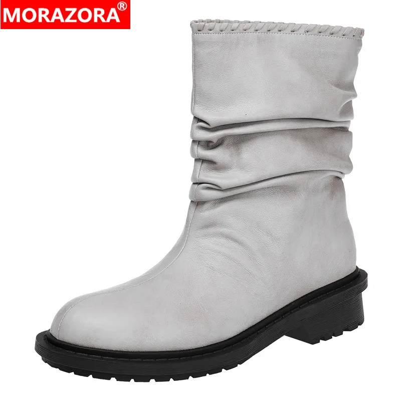 

MORAZORA 2026 New Genuine Leather Boots Women Mid Heels Autumn Winter Ankle Boots Pull On Pleated Western Boots Ladies Shoes