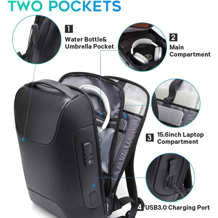 حقيبة ظهر للكمبيوتر المحمول من الجلد الطبيعي من BANGE تناسب حقيبة ظهر للأعمال مقاس 15.6 بوصة مضادة للسرقة مع حقيبة ظهر للعمل المكتبي بقفل TSA مع USB3.
