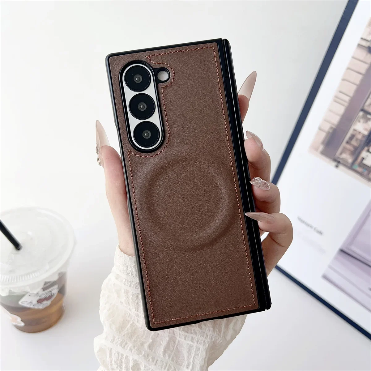 Magnetische Leder-Handyhülle für Samsung Galaxy Z Fold 7 6 5 4 3 Fold7 Fold6 Fold5 5G mit Magsafe-Schutzhülle für Scharniere