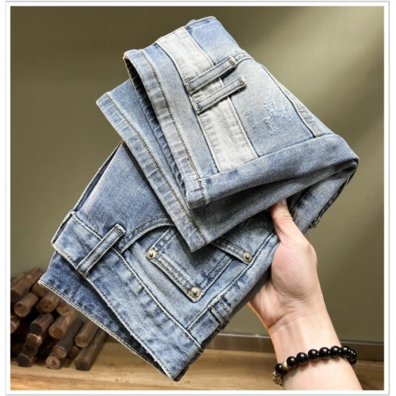 

TC2931 High Street denim shorts broken holes men tide elastic Slim embroidery patches five-minute trousers