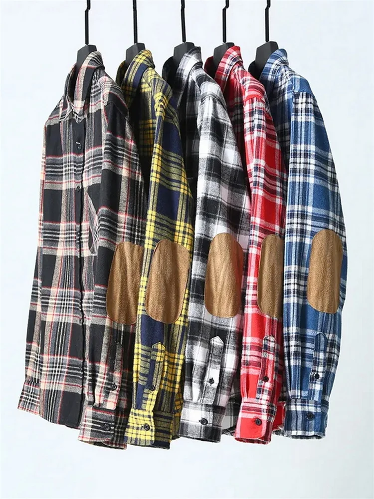 

Trendy British Style Plaid Shirt Men's Autumn Suede Patchwork Loose Casual Collarless Denim Fabric Breathable Moisture Wicking