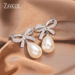 ZAKOL Brand Zircon Bow Pearl Drop Dangle Earrings for Women Elegant Bridal Wedding Party Jewelry