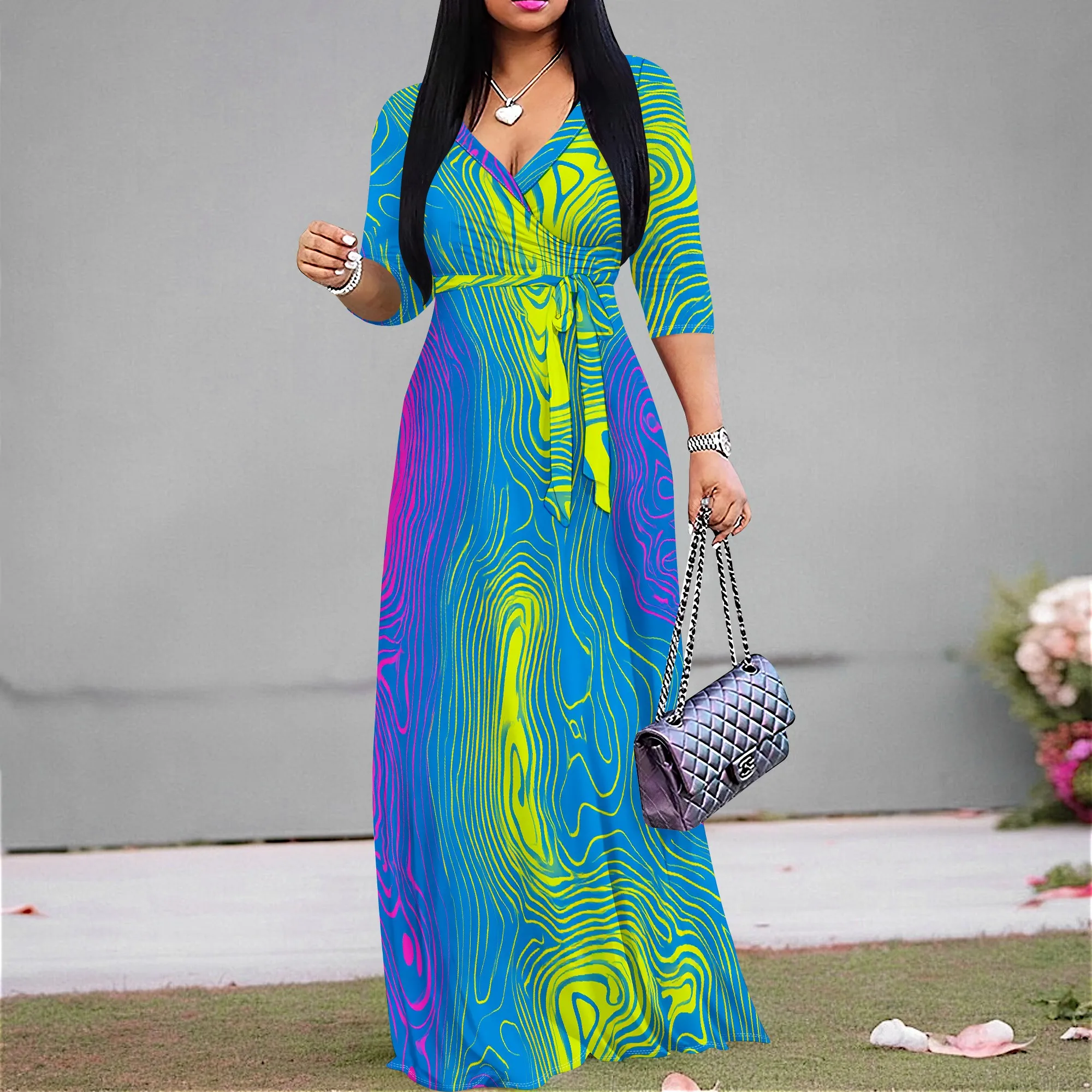 

Women's Psychedelic Swirl Print Maxi Dress 2025 New Arrival V-Neck Colorful Party Wear S-3XL