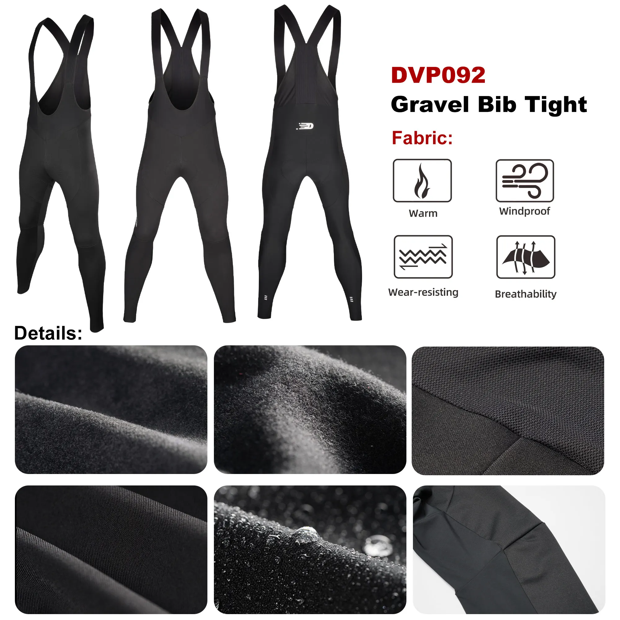 DAREVIE Cycling Bib Pants Winter Warm Thermal Fleece Windproof Cycling Pants Anti-water Cycling Bib Tights Trousers 120KG/m³ Pad