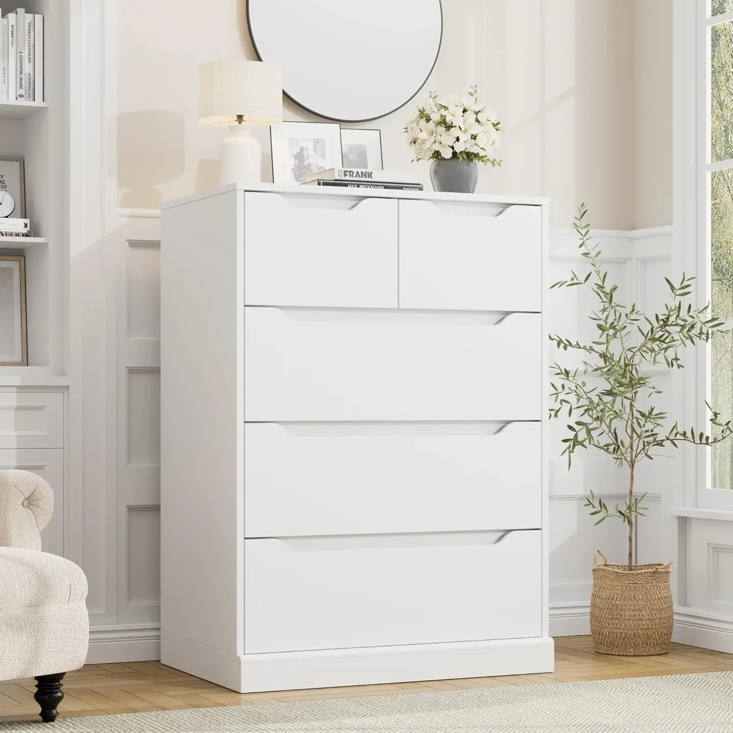 5 Drawer Dresser for Bedroom, Wood Storage Chest with Cut-Out Handles, White Accent Cabinet for Home