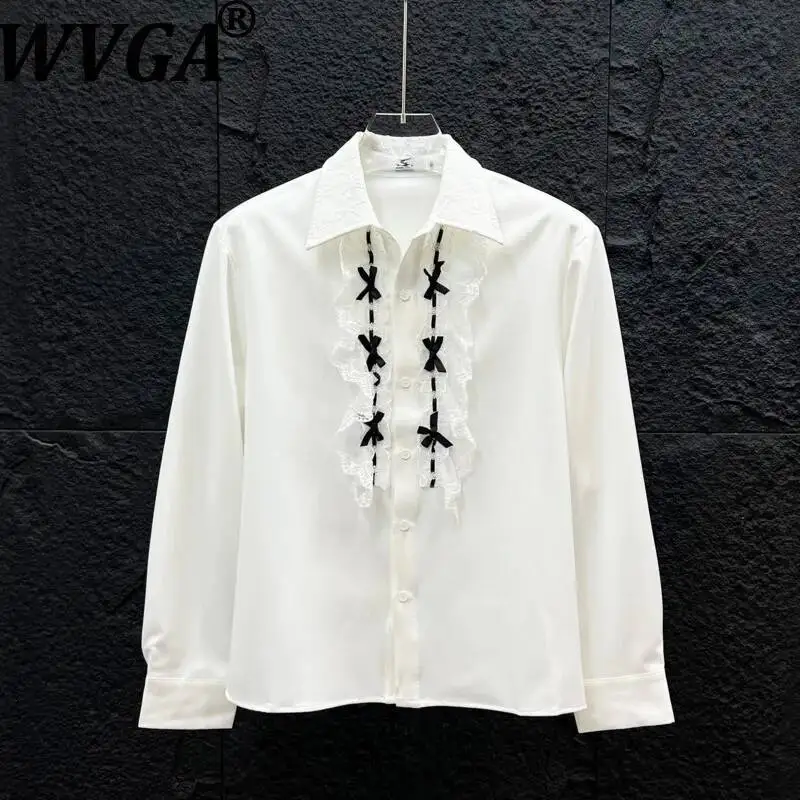 WVGA Spring Summer New Men Lace Patchwork Long Sleeved Shirt High-end Deconstructed Bow Tie Niche Light Luxury Style Tops W25329