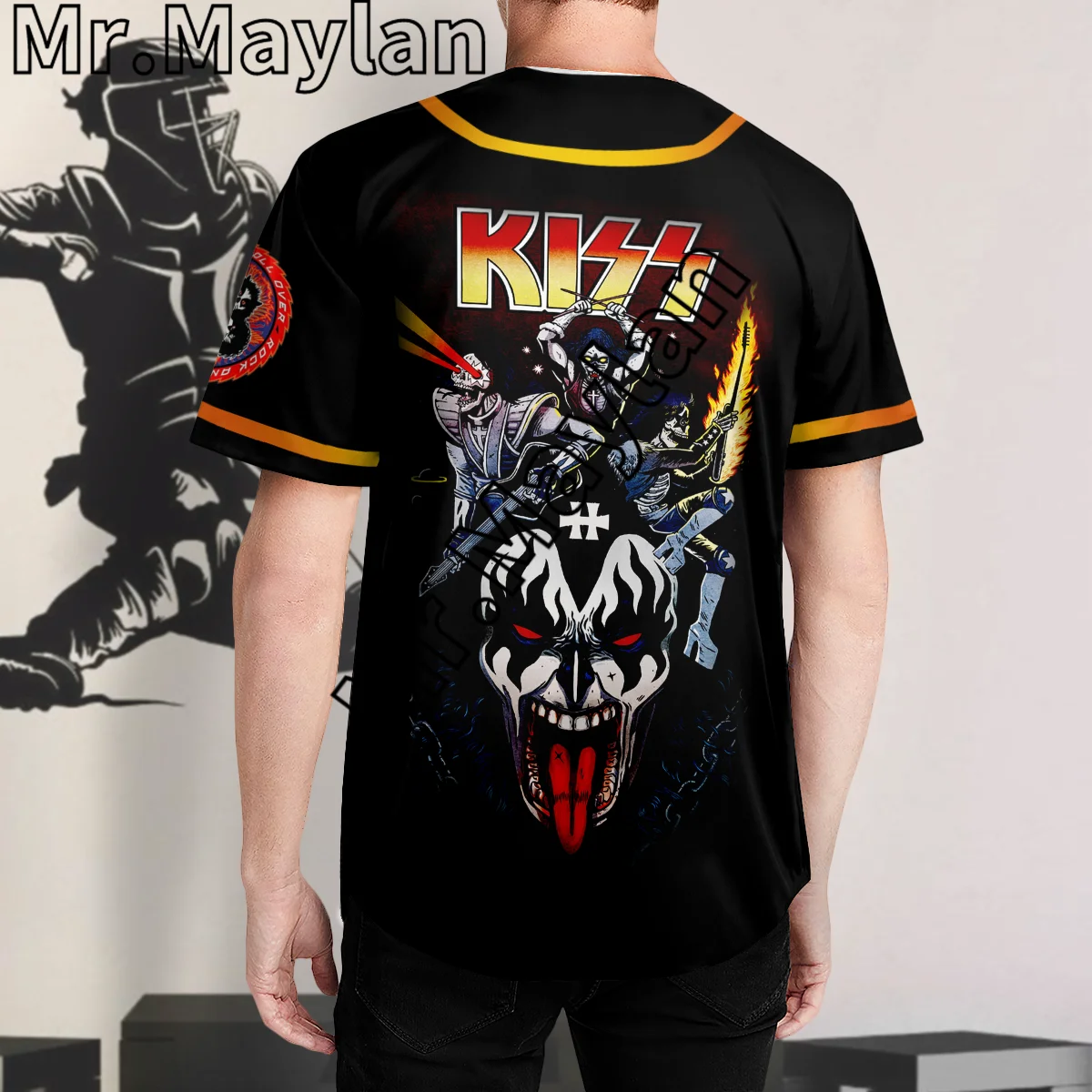 Camiseta con estampado de béisbol 3D de Rock Kiss Band, camisa de béisbol con calavera negra, dorada y roja, Tops de hip hop, novedad de 2023