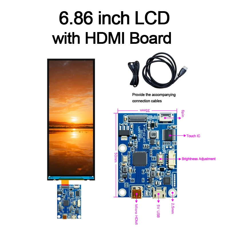 6.86 inch 480x1280 TFT Long Screen IPS 40pin MIPI interface LCD Display HDMI Board Display