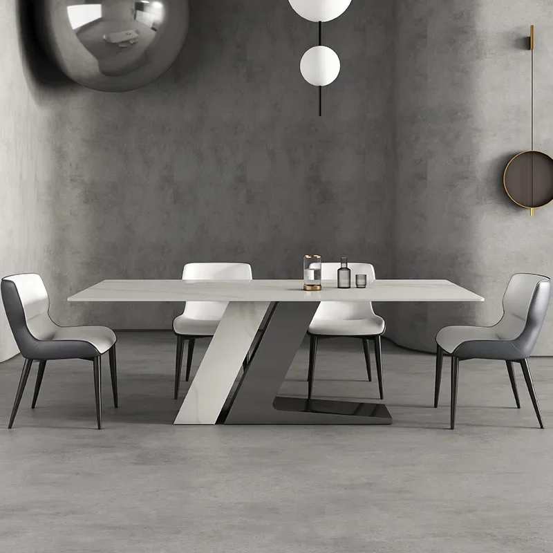 Rock plate dining table stainless steel modern marble household small household creative rectangular table and chair combination