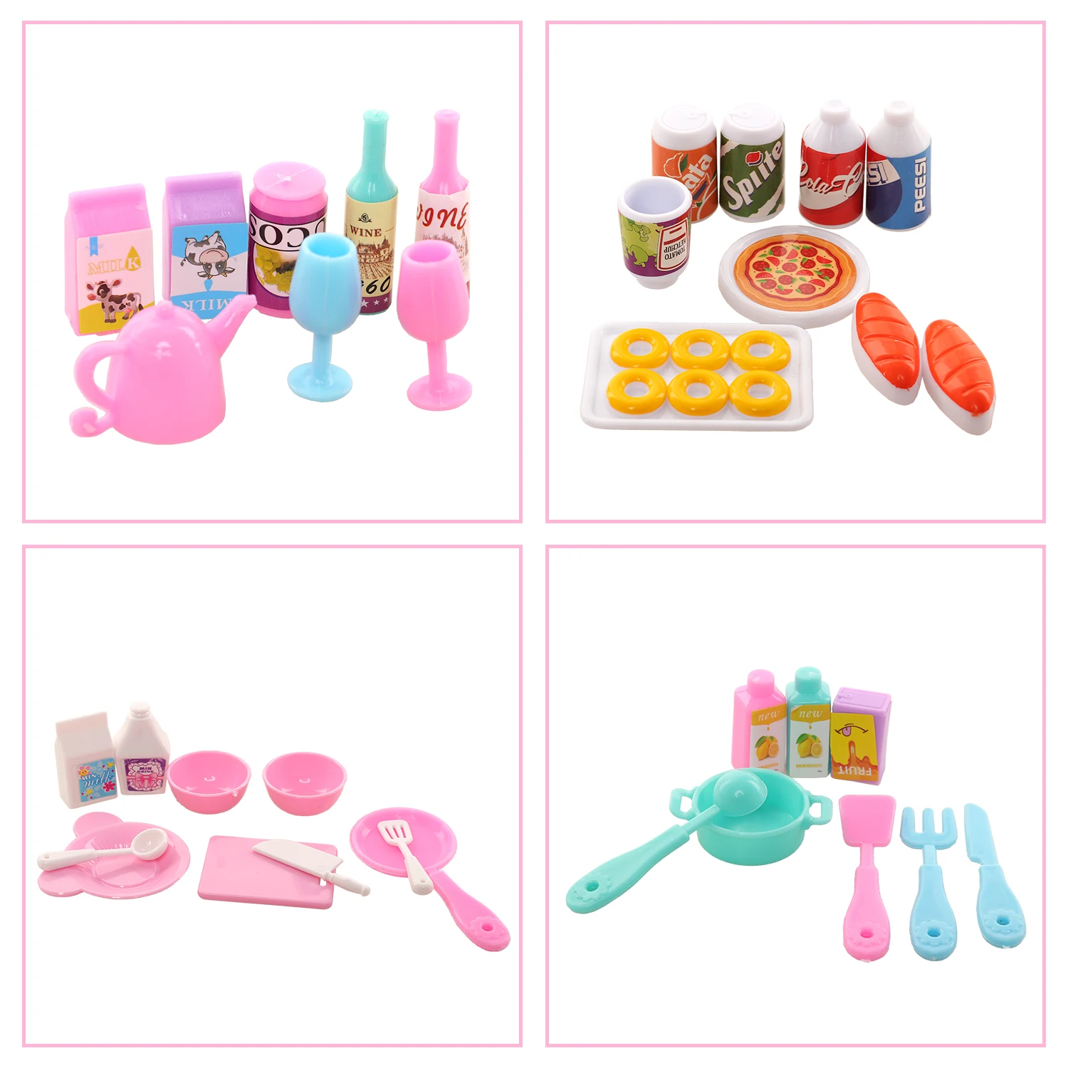 Dollhouse Mini Kitchen Food for Barbie 43 Pcs Dinner Set Fork Knif Plate Pizza Soup stoviglie Cute Kids Toys accessori per bambole