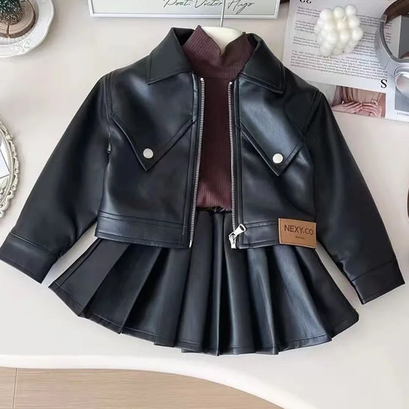 New Girls Handsome Lapel Leather Jacket + Pleated Skirt Two-Piece Set Autumn Fashion Motorcycle Zipper Coat Kids Teen Clothing