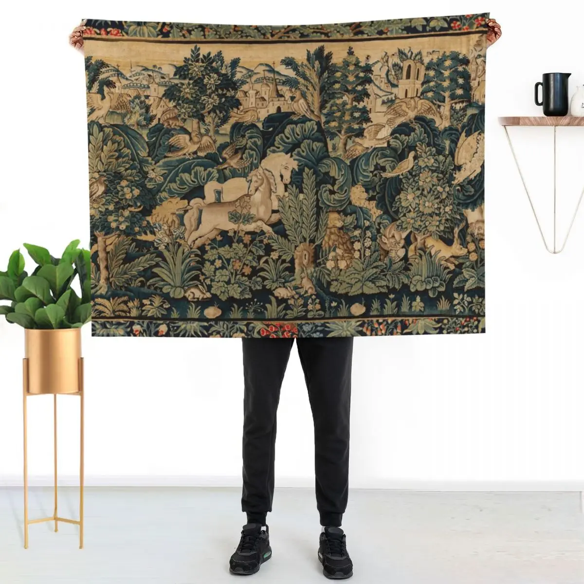 FANTASTIC ANIMALS AND HORSES IN WOODLAND Blue Green Ivory Antique French Tapestry Throw Blanket Picnic Cute Plaid Blankets