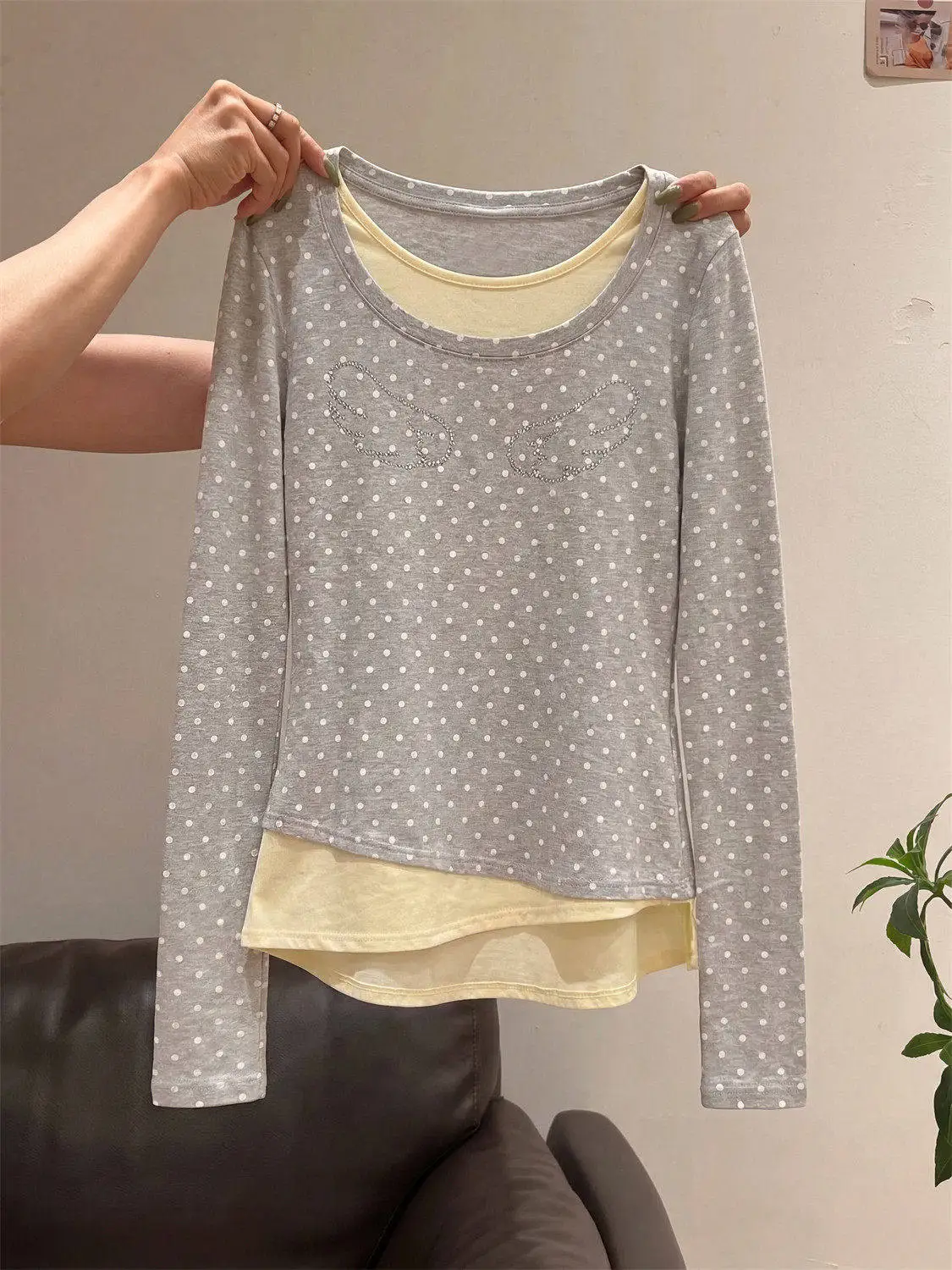 Color Blocking Fake Two-Piece Polka Dot Long Sleeved T-Shirt American Style Retro O-Neck Top Fashionable Casual Women's T-Shirt