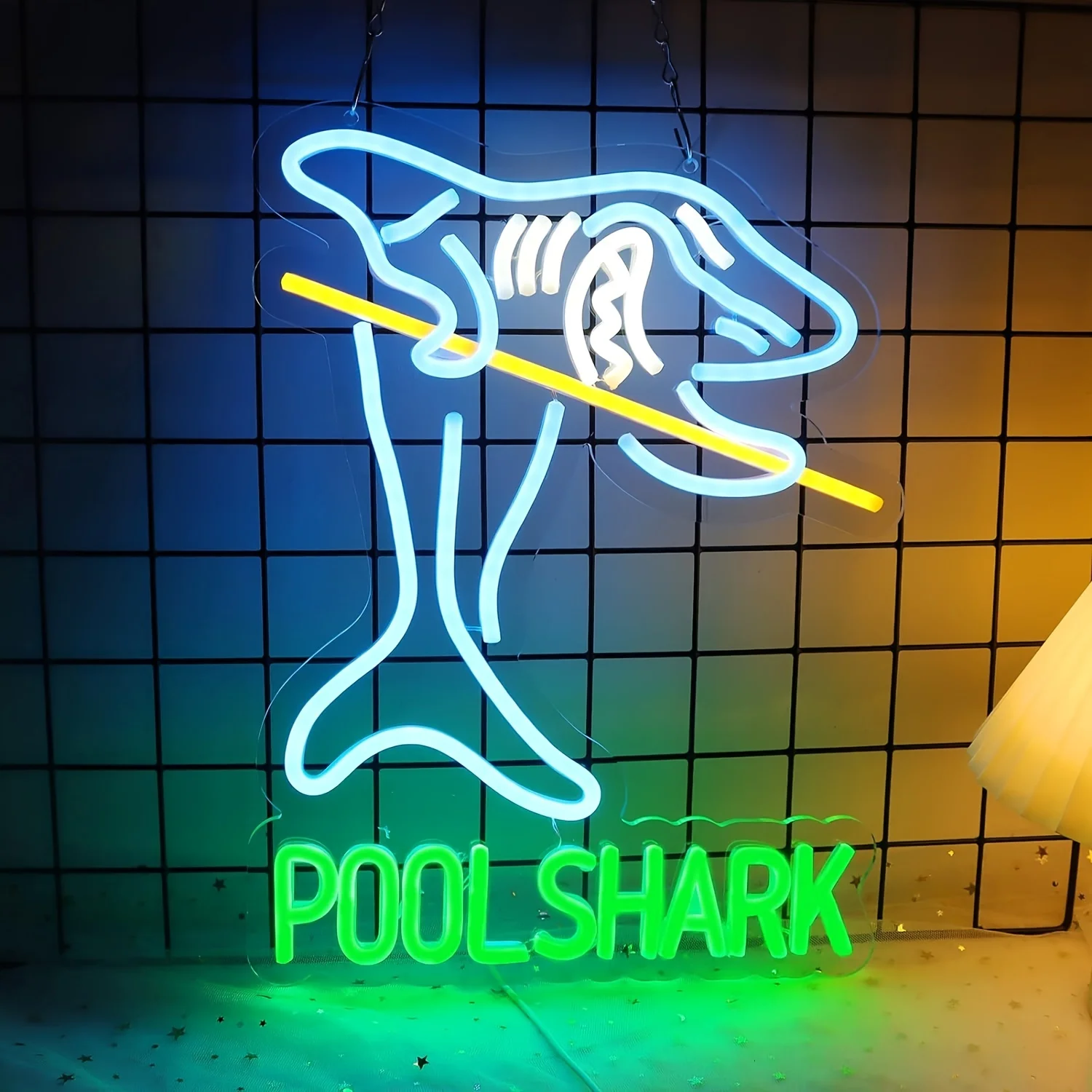 

Pool Shark Neon Sign, Polished Metal Finish, Wall Hanging Billiards Decor, Multipurpose Azure & Green Bar Light
