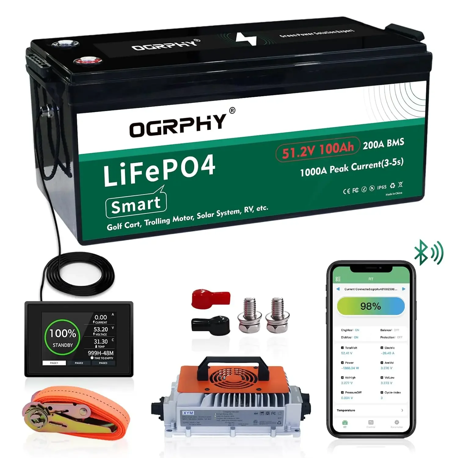 48V Lithium Battery with Onboard 18A LiFePO4 Battery Charger & 200A BMS, 5.12kWh 48V 100Ah Lithium Golf Cart, Customized