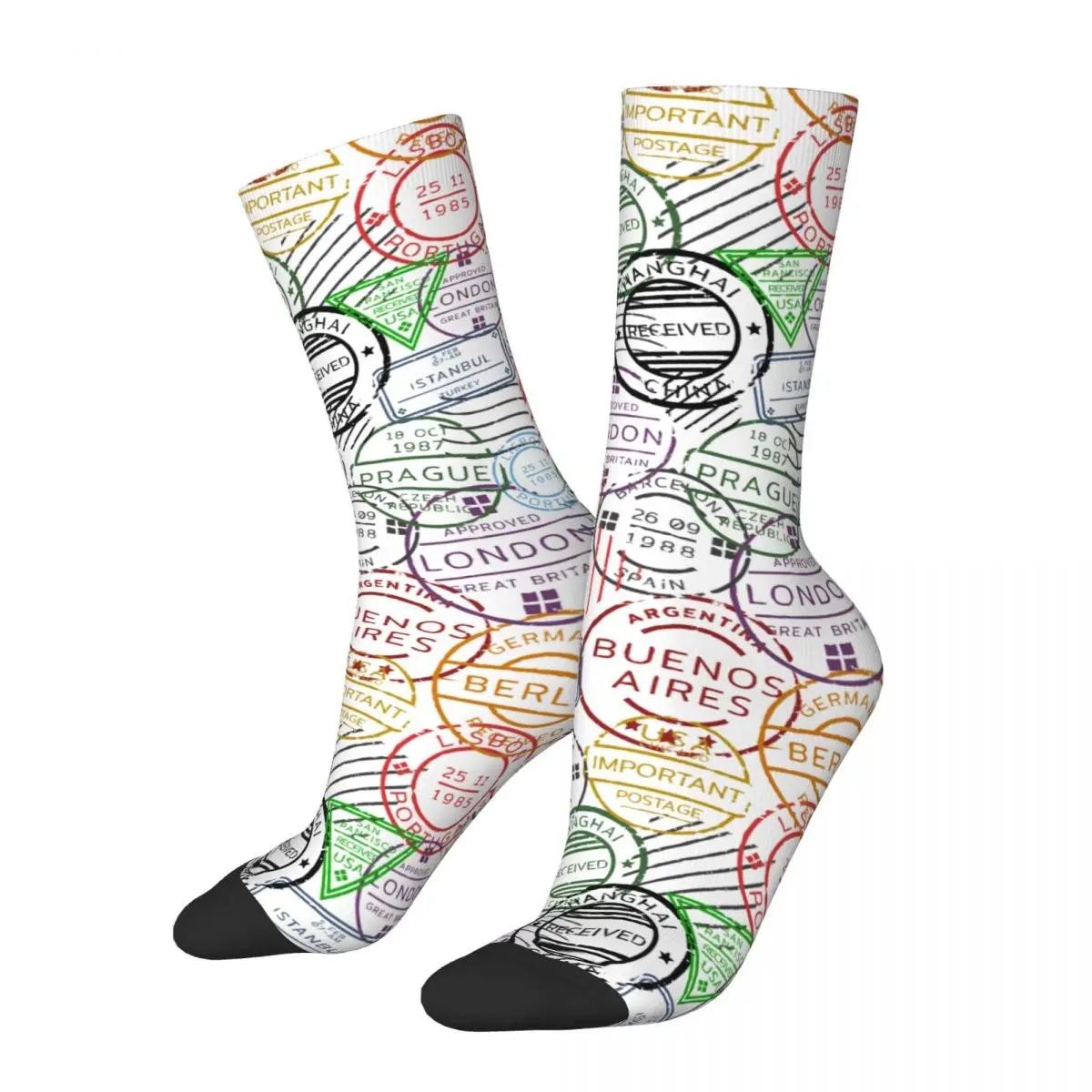 

Colorful Various Cities Retro Postal Markings Sports Socks Polyester Crew Socks for Unisex Breathable