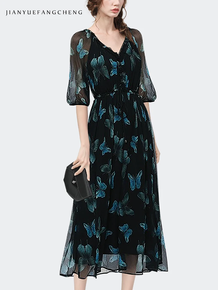 Women\' Chiffon Dress For Summer Short Sleeve V-Neck High Waisted A-line Long Dresses Butterfly Printed Female Work Casual Dress