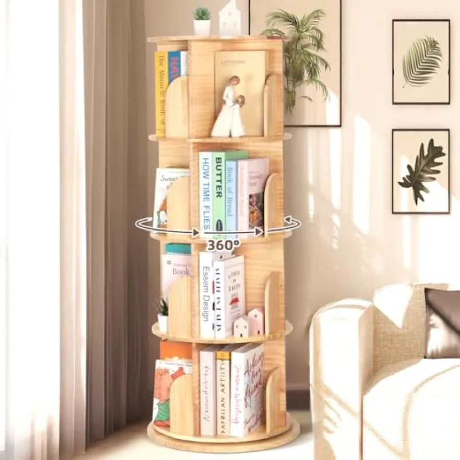 4-Tier Solid Wood Rotating Bookshelf, Spinning Bookshelf for