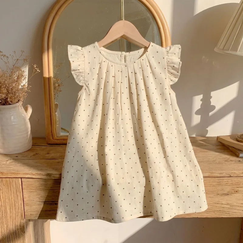 2026New Summer Cute Korean Children's Clothing for Girls: Summer Polka Dot Flutter Sleeve Stylish Vest Princess DressSweet Style