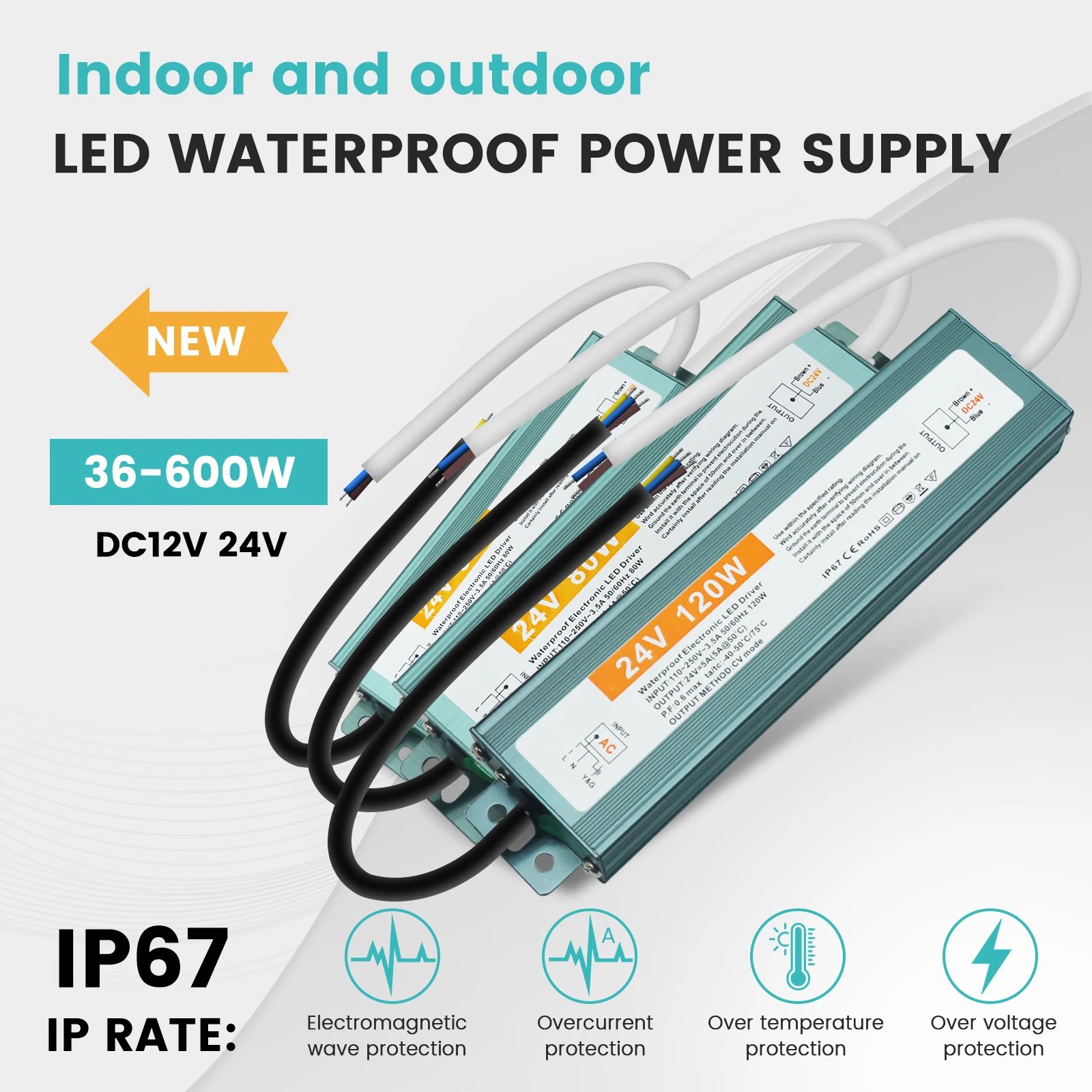 DC 12V 24V Waterproof Power Supply IP67 Outdoor LED Lighting Transformer 60W 80W 100W 150W 200W 300W 400W 500W 600W LED Driver