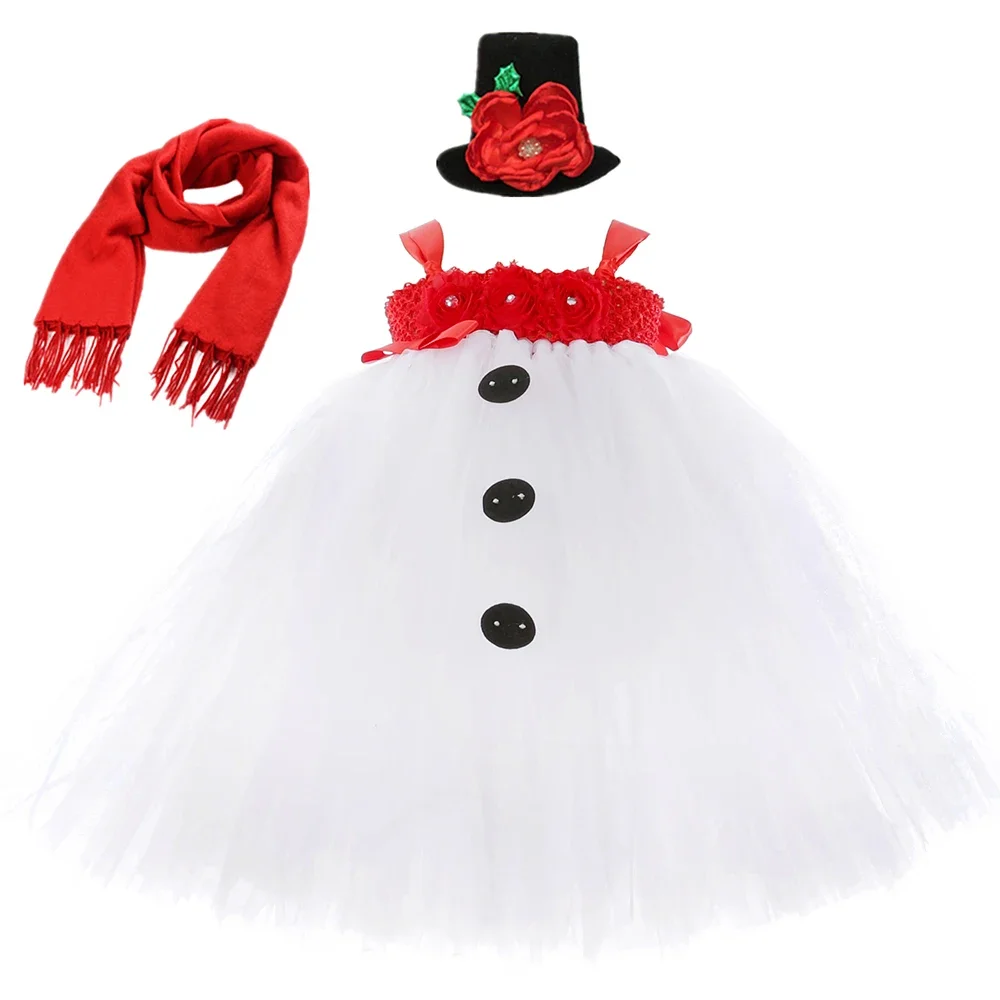 Snowman Tutu Dress for Kids Xmas New Year Outfit Girls Christmas Princess Dress Baby Girl Birthday Party Clothes with Scarf Hat