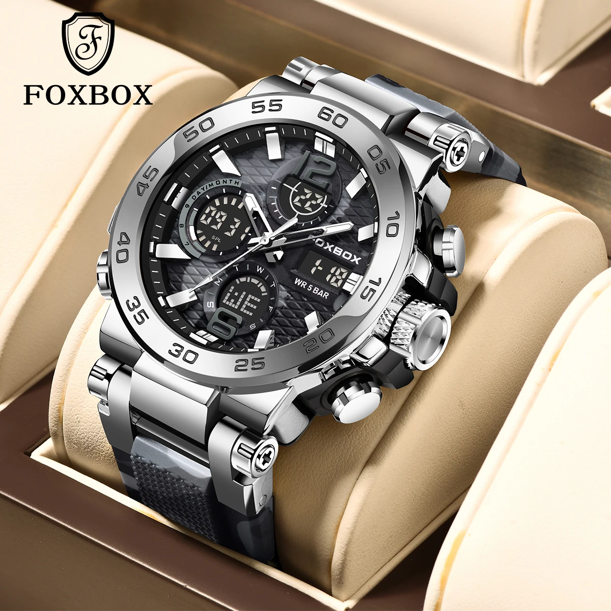 FOXBOX Sports Military Men's Watches Waterproof Dual Display Quartz Wristwatch For Male Clock Stopwatch Relogios Masculino+Box