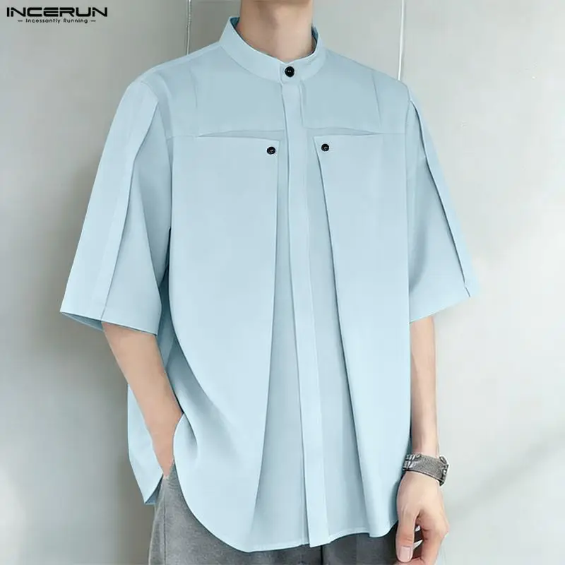 

INCERUN Men's Shirt Solid Color Stand Collar Half Sleeve Casual Menswear Clothing Loose Streetwear Shirts Pleated Fashion Tops