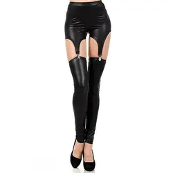 Mallas ajustadas de piel sintética para mujer, Leggings con tirantes, liguero de cintura con hebilla Punk, medias por encima de la rodilla