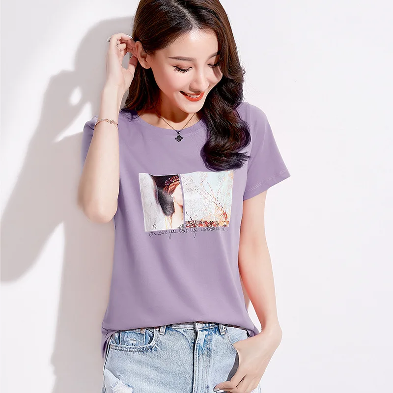 2022 Summer New T Shirt Women Cotton Print O-Neck T-shirt Shorts Sleeve Tshirt Fashion Top Tees Female